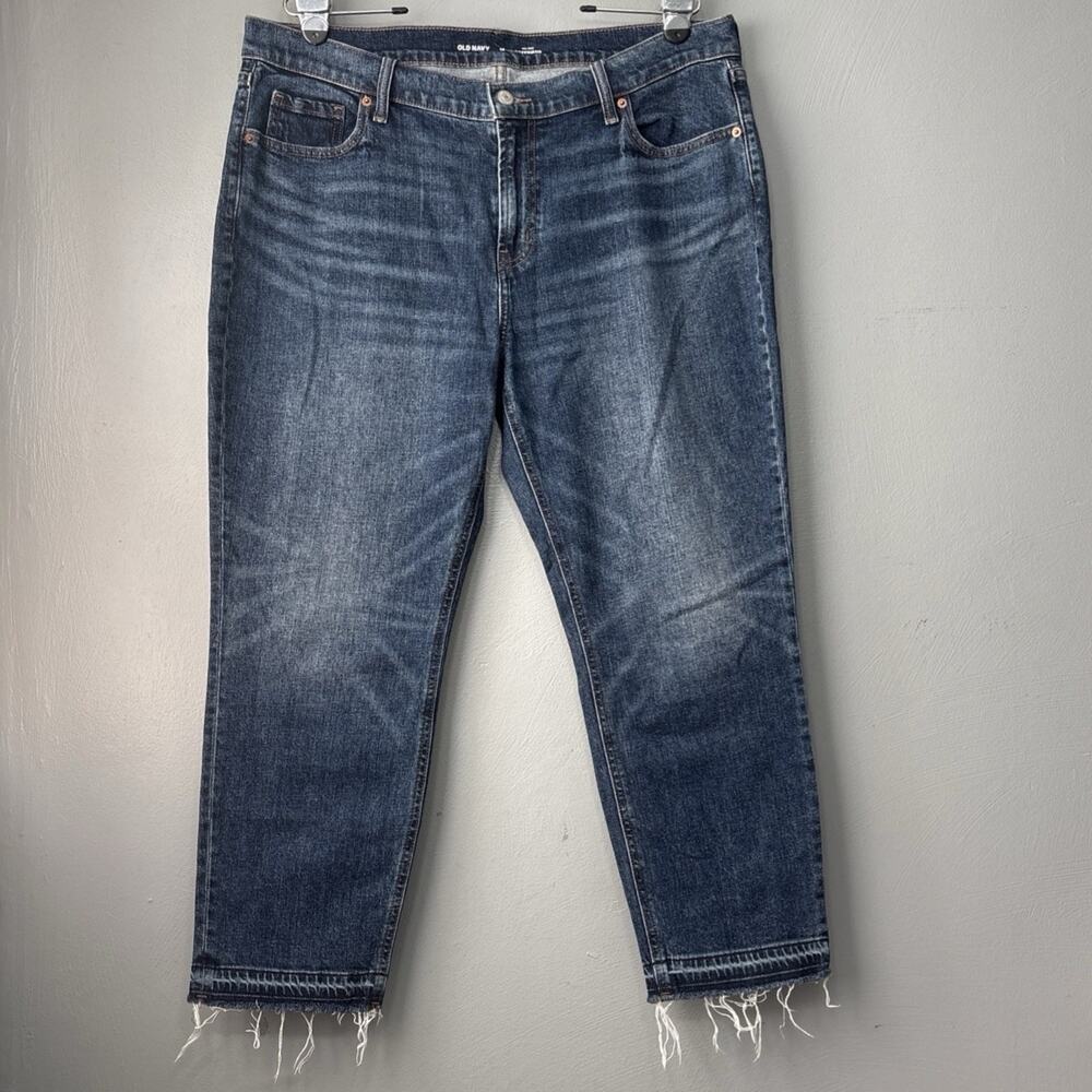 Old Navy Jeans Size 14 Mr Boyfriend Midrise Blue Stretch Denim Cropped Raw Hem